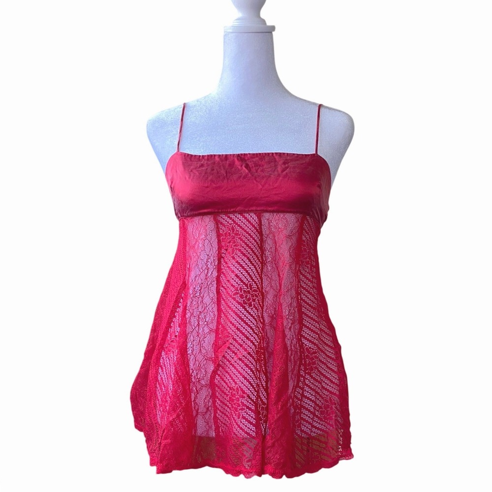 Vintage Y2K Victorias Secret Silk Lace Red Babydoll Chemise Mini‎ Dress Top XS